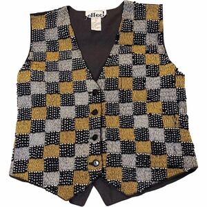 Vintage Effeci Beaded Vest‎ Black Gold Silver Checkerboard 80s Glam S
